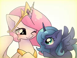 Size: 2006x1515 | Tagged: safe, artist:namaenonaipony, derpibooru import, princess celestia, princess luna, alicorn, pony, bust, cute, duo, duo female, female, filly, foal, horn, image, jewelry, jpeg, looking at each other, looking at someone, mare, one eye closed, open mouth, open smile, pink-mane celestia, profile, raised hoof, regalia, simple background, smiling, spread wings, white background, wings, woona, younger