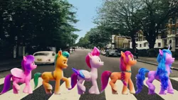 Size: 1365x768 | Tagged: safe, derpibooru import, hitch trailblazer, izzy moonbow, pipp petals, sunny starscout, zipp storm, earth pony, pegasus, unicorn, my little pony: a new generation, abbey road, g5, image, parody, png, the beatles