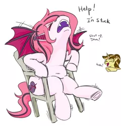 Size: 566x567 | Tagged: safe, artist:jargon scott, derpibooru import, oc, oc:arrhythmia, oc:java chip, unofficial characters only, bat pony, pony, unicorn, bat pony oc, bat wings, butt, chair, chubby, dialogue, duo, eyes closed, fangs, female, image, laughing, mare, nose in the air, open mouth, open smile, plot, png, pointing, simple background, smiling, spread wings, stuck, the ass was too fat, underhoof, white background, wings