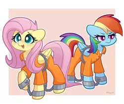 Size: 2000x1676 | Tagged: safe, artist:goyini01, derpibooru import, fluttershy, rainbow dash, bound wings, chained, clothes, commission, cuffs, duo, frustrated, grin, image, jpeg, nervous, nervous grin, never doubt rainbowdash69's involvement, prison outfit, prisoner rd, shackles, smiling, teary eyes, wings