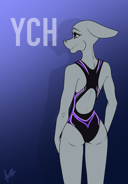 Size: 1640x2360 | Tagged: safe, artist:stirren, derpibooru import, anthro, clothes, commission, female, floppy ears, image, looking sideways, one-piece swimsuit, pinup, png, sports swimsuit, standing, swimsuit, your character here