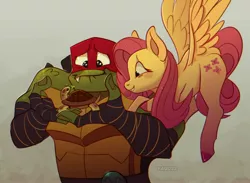 Size: 3060x2240 | Tagged: safe, artist:kai polosatiy, derpibooru import, fluttershy, pegasus, pony, turtle, crossover, cute, flying, image, jpeg, raphael, rise of the teenage mutant ninja turtles, snapping turtle, teenage mutant ninja turtles