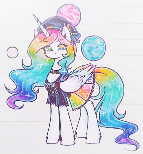 Size: 650x701 | Tagged: safe, artist:一般路过恋猹, derpibooru import, ponified, alicorn, pony, clothes, crossover, female, globe, hat, hecatia lapislazuli, image, jpeg, mare, shirt, skirt, touhou