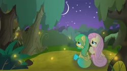 Size: 1280x720 | Tagged: safe, artist:featherfall, derpibooru import, fluttershy, oc, oc:firefly glimmer, firefly (insect), insect, pegasus, pony, derpibooru exclusive, female, females only, forest, image, jpeg, mare, moon, night, pegasus oc, tree, wings