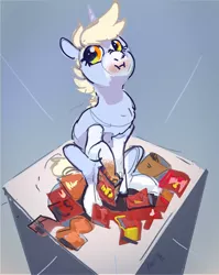 Size: 1936x2434 | Tagged: safe, artist:alumx, derpibooru import, oc, oc:nootaz, unofficial characters only, pony, unicorn, :i, cheetos, chip bag, coat markings, female, image, looking away, mare, png, sitting, solo