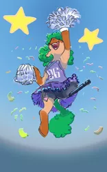 Size: 2702x4326 | Tagged: safe, artist:alumx, derpibooru import, oc, oc:heartspring, unofficial characters only, earth pony, pony, amputee, cheerleader, cheerleader outfit, clothes, female, high res, image, mare, nose in the air, open mouth, open smile, png, pom pom, prosthetic leg, prosthetic limb, prosthetics, smiling, solo
