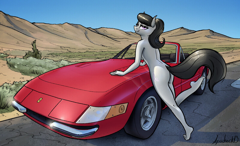 Size: 1280x777 | Tagged: questionable, artist:apocheck13, derpibooru import, octavia melody, anthro, earth pony, breasts, butt, car, desert, female, ferrari, image, jpeg, leaning forward, looking at you, nudity, smiling, solo, solo female