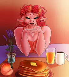 Size: 1822x2048 | Tagged: safe, artist:unfinishedheckery, derpibooru import, pinkie pie, anthro, earth pony, bedroom eyes, breakfast in bed, breasts, busty pinkie pie, clothes, coffee, coffee mug, digital art, floppy ears, flower, image, jpeg, juice, looking at you, mug, offscreen character, open mouth, orange juice, pov, shirt