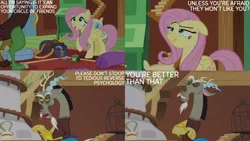 Size: 1280x720 | Tagged: safe, derpibooru import, edit, edited screencap, editor:quoterific, screencap, discord, fluttershy, draconequus, pegasus, pony, dungeons and discords, season 6, crossed arms, duo, duo male and female, eyes closed, female, floppy ears, fluttershy's cottage, image, male, mare, open mouth, open smile, png, smiling, smirk, smugshy, text