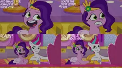 Size: 1280x720 | Tagged: safe, derpibooru import, edit, edited screencap, editor:quoterific, screencap, pipp petals, zipp storm, pegasus, pony, mane melody, my little pony: tell your tale, spoiler:g5, spoiler:my little pony: tell your tale, spoiler:tyts01e05, :o, duo, female, g5, image, jpeg, mare, open mouth, open smile, smiling, text