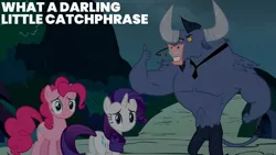 Size: 1280x720 | Tagged: safe, derpibooru import, edit, edited screencap, editor:quoterific, screencap, iron will, pinkie pie, rarity, earth pony, minotaur, pony, unicorn, putting your hoof down, season 2, butt, female, image, jpeg, male, mare, plot, text, thumbs up, trio