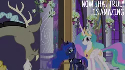 Size: 1280x720 | Tagged: safe, derpibooru import, edit, edited screencap, editor:quoterific, screencap, discord, princess celestia, princess luna, alicorn, draconequus, pony, season 9, the summer sun setback, spoiler:s09, crown, female, image, jewelry, jpeg, male, mare, regalia, smiling, text, trio