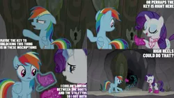 Size: 1280x720 | Tagged: safe, derpibooru import, edit, edited screencap, editor:quoterific, screencap, rainbow dash, rarity, pegasus, pony, unicorn, season 8, the end in friend, spoiler:s08, butt, duo, eyes closed, female, floppy ears, image, jpeg, magic, mare, open mouth, open smile, plot, smiling, telekinesis, text