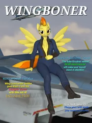 Size: 808x1080 | Tagged: suggestive, artist:fuzeamateursfm, derpibooru import, spitfire, anthro, aircraft, clothes, female, image, jumpsuit, magazine cover, pinup, playboy, playpony, png, sexy, solo, solo female, spread wings, stupid sexy spitfire, su-35s super flanker, unzipping, wingboner magazine, wings