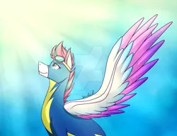 Size: 1920x1477 | Tagged: safe, artist:shadowsofazura, derpibooru import, zipp storm, pegasus, pony, clothes, colored wings, crepuscular rays, deviantart watermark, female, g5, goggles on head, image, looking up, mare, multicolored wings, obtrusive watermark, png, profile, signature, smiling, solo, spread wings, sunlight, uniform, watermark, wings, wonderbolts uniform