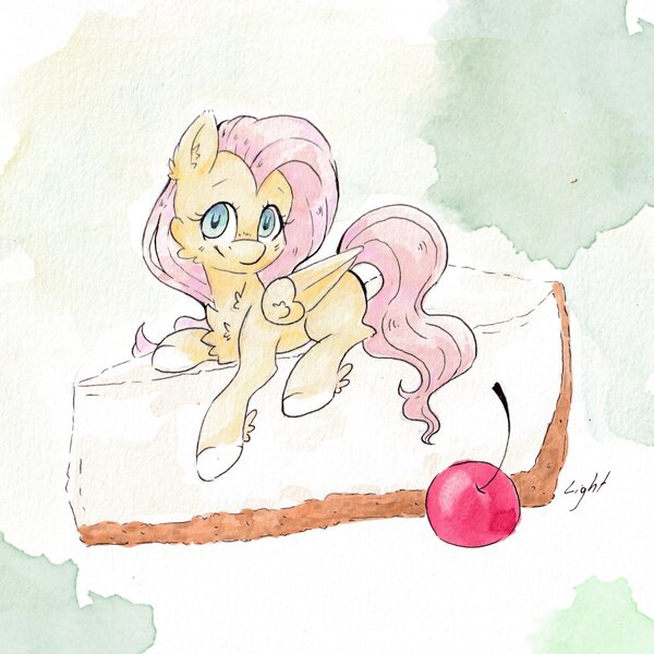 Size: 3755x3755 | Tagged: safe, artist:lightisanasshole, derpibooru import, fluttershy, pegasus, pony, cake, cheesecake, cherry, chest fluff, cute, female, food, image, jpeg, looking at you, lying down, mare, missing cutie mark, ponies in food, prone, shyabetes, smiling, smiling at you, solo, traditional art, watercolor painting