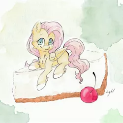 Size: 3755x3755 | Tagged: safe, artist:lightisanasshole, derpibooru import, fluttershy, pegasus, pony, cake, cheesecake, cherry, chest fluff, cute, female, food, image, jpeg, looking at you, lying down, mare, missing cutie mark, ponies in food, prone, shyabetes, smiling, smiling at you, solo, traditional art, watercolor painting