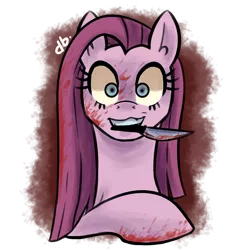 Size: 2000x2000 | Tagged: semi-grimdark, derpibooru import, pinkie pie, earth pony, blood, blood stains, dark, image, knife, looking at you, pinkamena diane pie, png, staring into your soul, wide eyes