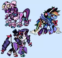 Size: 640x596 | Tagged: artist needed, safe, derpibooru import, rainbow dash, rarity, twilight sparkle, pegasus, pony, unicorn, clothes, cosplay, costume, crossover, dress, female, hat, hinanai tenshi, image, jpeg, mare, patchouli knowledge, sunglasses, touhou, twichouli, yorigami joon