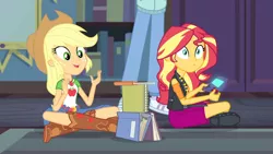Size: 3410x1920 | Tagged: safe, derpibooru import, screencap, applejack, sci-twi, sunset shimmer, twilight sparkle, equestria girls, equestria girls series, the finals countdown, applejack's hat, belt, book, boots, clothes, cowboy boots, cowboy hat, cutie mark, cutie mark on clothes, denim, denim skirt, duo, duo female, duo focus, female, geode of empathy, geode of super strength, hat, high res, image, jewelry, jpeg, leather, leather vest, magical geodes, necklace, open mouth, open smile, shoes, skirt, smiling, vest
