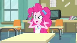 Size: 3410x1920 | Tagged: safe, derpibooru import, screencap, pinkie pie, equestria girls, equestria girls series, the finals countdown, canterlot high, clothes, cute, cutie mark, cutie mark on clothes, diapinkes, female, geode of sugar bombs, high res, image, jewelry, jpeg, magical geodes, necklace, open mouth, open smile, smiling, solo, tanktop, television
