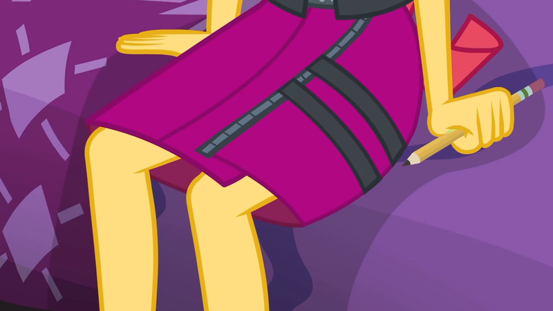 Size: 3410x1920 | Tagged: safe, derpibooru import, screencap, sunset shimmer, equestria girls, equestria girls series, the finals countdown, bed, clothes, female, high res, image, jpeg, leather, leather vest, offscreen character, pencil, solo, vest
