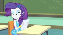 Size: 3410x1920 | Tagged: safe, derpibooru import, screencap, rarity, equestria girls, equestria girls series, the finals countdown, canterlot high, chalkboard, clothes, cutie mark, cutie mark on clothes, eyes closed, female, geode of shielding, hairpin, high res, image, jpeg, magical geodes, rarity peplum dress, solo