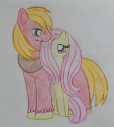 Size: 1014x1133 | Tagged: safe, artist:mileyfashon, derpibooru import, big macintosh, fluttershy, earth pony, pegasus, pony, blush sticker, blushing, female, fluttermac, hair over one eye, height difference, image, jpeg, looking at each other, looking at someone, male, mare, shipping, smiling, smiling at each other, stallion, straight, traditional art