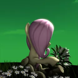 Size: 1079x1078 | Tagged: safe, artist:charismatic pony, derpibooru import, fluttershy, pegasus, pony, 3d, cloud, female, flower, grass, green sky, hidden face, holding flowers, image, png, solo, solo female, source filmmaker