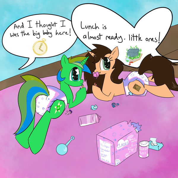 Size: 2500x2500 | Tagged: questionable, artist:duckchip, derpibooru import, oc, unicorn, action figure, baby bottle, cutie mark, diaper, diaper fetish, doll, duo, fetish, image, pacifier, png, rattle, shiny eyes, speech bubble, starry eyes, toy, wingding eyes