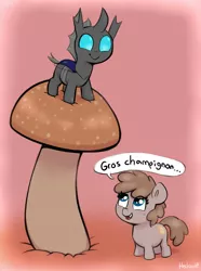 Size: 1317x1770 | Tagged: safe, artist:heretichesh, derpibooru import, oc, unofficial characters only, earth pony, pony, cute, cuteling, dialogue, duo, female, filly, foal, freckles, french, image, jpeg, looking down, looking up, mushroom, ocbetes, open mouth, open smile, smiling, speech bubble