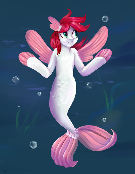 Size: 2778x3580 | Tagged: safe, artist:ske, derpibooru import, oc, unofficial characters only, pegasus, pony, seapony (g4), blue background, bubble, commission, digital art, dorsal fin, female, fin wings, fins, fish tail, flowing mane, flowing tail, green eyes, image, mare, ocean, png, red mane, seaponified, seaweed, simple background, solo, species swap, tail, underwater, water, wings