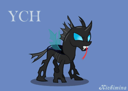 Size: 700x500 | Tagged: safe, artist:kichimina, derpibooru import, changeling, pony, animated, animated ych, colored, commission, fangs, female, full body, generic pony, gif, grin, horn, image, loop, mare, show accurate, simple background, smiling, spread wings, vector, wings, ych example, your character here