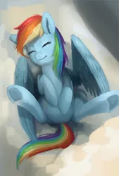 Size: 1183x1750 | Tagged: safe, artist:camyllea, derpibooru import, rainbow dash, pegasus, pony, cloud, eyes closed, image, lying down, lying on a cloud, on a cloud, png, solo