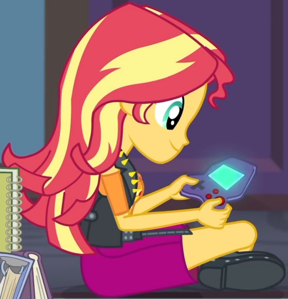 Size: 1920x1998 | Tagged: safe, derpibooru import, screencap, sunset shimmer, equestria girls, equestria girls series, the finals countdown, book, boots, clothes, cropped, cutie mark, cutie mark on clothes, female, geode of empathy, high heel boots, image, jewelry, jpeg, leather, leather boots, leather vest, magical geodes, necklace, shoes, smiling, solo, vest