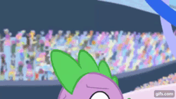 Size: 640x360 | Tagged: safe, derpibooru import, screencap, spike, dragon, equestria games (episode), season 4, animated, gif, gifs.com, image, male, open mouth, solo, spinning, stadium
