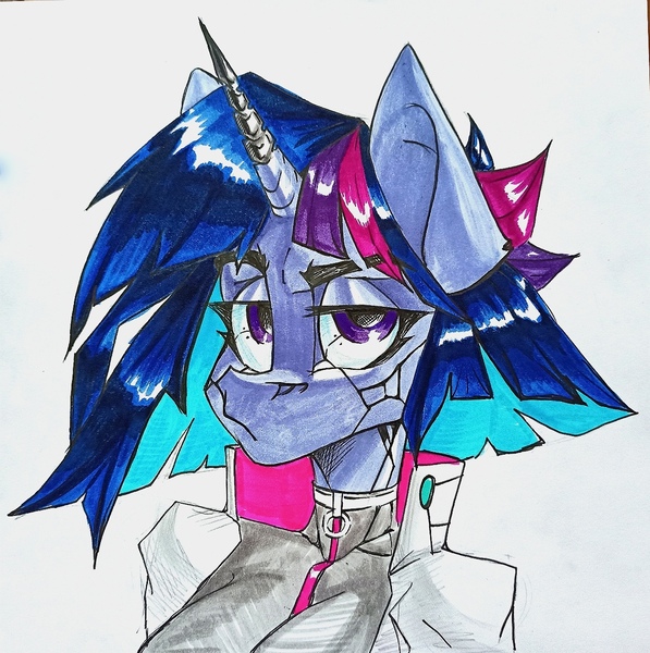 Size: 1274x1280 | Tagged: safe, artist:tlen borowski, derpibooru import, twilight sparkle, anthro, unicorn, alternate design, alternate hairstyle, clothes, cyberpunk, image, implans, jpeg, looking at you, prosthetic eye, prosthetic horn, prosthetics, traditional art