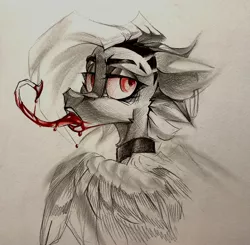 Size: 2200x2160 | Tagged: grimdark, artist:tlen borowski, derpibooru import, oc, oc:tlen borowski, unofficial characters only, pegasus, undead, vampire, blood, collar, image, jpeg, looking back, piercing, red eyes, tongue out, traditional art