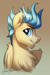 Size: 2000x3000 | Tagged: safe, artist:jedayskayvoker, derpibooru import, oc, oc:maverick blast, pegasus, pony, bust, chest fluff, crossed arms, ear fluff, eyebrows, gradient background, image, looking at you, male, patreon, patreon reward, pegasus oc, png, portrait, solo, solo male, stallion icon, wings