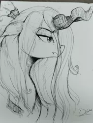 Size: 1551x2048 | Tagged: safe, artist:thelunarmoon, derpibooru import, queen chrysalis, changeling, changeling queen, bust, female, image, jpeg, lidded eyes, monochrome, solo, traditional art