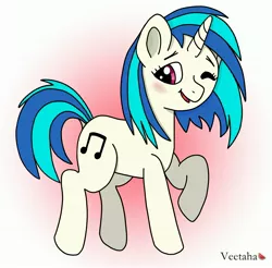 Size: 3000x2951 | Tagged: safe, artist:veetaha, derpibooru import, vinyl scratch, pony, unicorn, blushing, cute, digital art, dock, female, flying, gradient background, image, jpeg, mare, minimalist, modern art, one eye closed, open mouth, side view, signature, simple background, smiling, solo, solo female, tail, wink