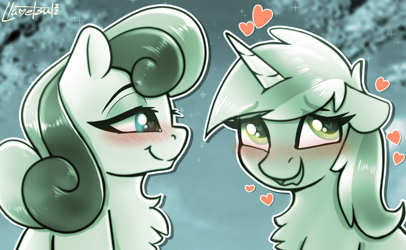 Size: 1126x694 | Tagged: safe, artist:llametsul, derpibooru import, bon bon, lovestruck, lyra heartstrings, sweetie drops, earth pony, pony, unicorn, atg 2022, blushing, couple, cute, eye clipping through hair, female, heart, heart eyes, image, lesbian, love, lyrabetes, lyrabon, mare, monochrome, newbie artist training grounds, png, shipping, signature, smiling, wavy mouth, wingding eyes