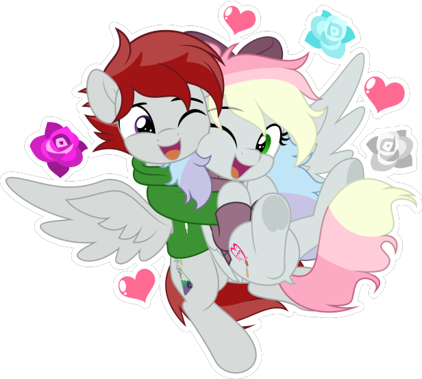 Size: 616x553 | Tagged: safe, artist:jhayarr23, derpibooru import, oc, oc:blazey sketch, oc:fullmoon, unofficial characters only, pegasus, were-pony, bow, clothes, duo, green eyes, hair bow, hoodie, image, multicolored hair, png, purple eyes, red mane, simple background, sweater, transparent background