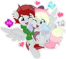 Size: 616x553 | Tagged: safe, artist:jhayarr23, derpibooru import, oc, oc:blazey sketch, oc:fullmoon, unofficial characters only, pegasus, were-pony, bow, clothes, duo, green eyes, hair bow, hoodie, image, multicolored hair, png, purple eyes, red mane, simple background, sweater, transparent background