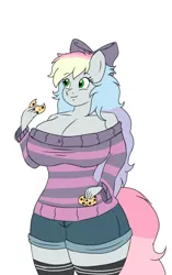 Size: 349x554 | Tagged: safe, artist:ljcaffie, derpibooru import, oc, oc:blazey sketch, unofficial characters only, anthro, big breasts, bow, breasts, clothes, cookie, food, green eyes, hair bow, huge breasts, image, long hair, multicolored hair, png, shorts, simple background, smiling, socks, sweater, thigh highs, white background, wide hips