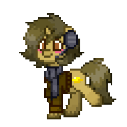Size: 950x950 | Tagged: safe, derpibooru import, oc, oc:sagiri himoto, unofficial characters only, pony, unicorn, pony town, animated, blushing, brown coat, brown eyes, brown hair, brown mane, brown tail, clothes, food, gif, green mane, green tail, headphones, horn, image, lemon, scarf, simple background, smiling, solo, sweater, tail, transparent background, trotting, trotting in place, unicorn oc
