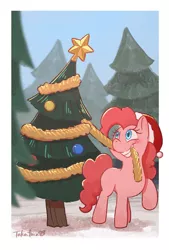 Size: 1181x1748 | Tagged: safe, artist:gamorangetana, pinkie pie, earth pony, pony, christmas, christmas tree, female, hat, holiday, image, jpeg, mare, mouth hold, santa hat, solo, tree