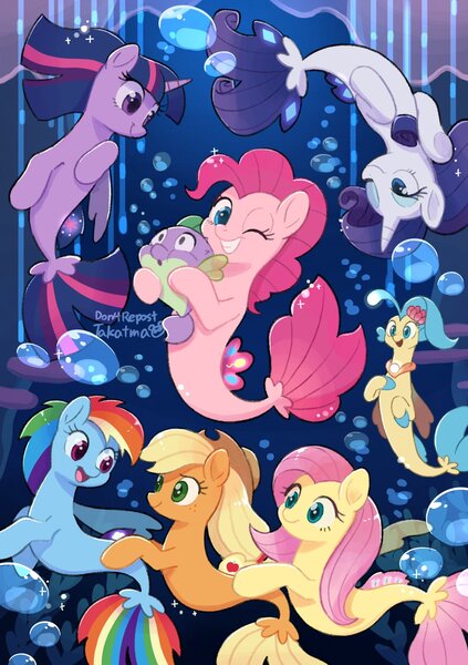 Size: 1444x2048 | Tagged: safe, artist:gamorangetana, applejack, fluttershy, pinkie pie, princess skystar, rainbow dash, rarity, spike, twilight sparkle, alicorn, dragon, earth pony, fish, pegasus, pony, puffer fish, seapony (g4), unicorn, my little pony: the movie, applejack's hat, blue eyes, bubble, cowboy hat, cute, digital art, dorsal fin, female, fin wings, fins, fish tail, flower, flower in hair, flowing mane, flowing tail, green eyes, happy, hat, horn, image, jewelry, jpeg, looking at you, male, mane six, mare, necklace, ocean, one eye closed, open mouth, pearl necklace, pink eyes, seaponified, seapony applejack, seapony fluttershy, seapony pinkie pie, seapony rainbow dash, seapony rarity, seapony twilight, seaquestria, smiling, smiling at you, sparkles, species swap, spike the pufferfish, swimming, tail, teeth, underwater, wings, wink, winking at you