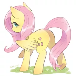 Size: 2001x1978 | Tagged: safe, artist:dos_towel, derpibooru import, fluttershy, pegasus, pony, butt, female, grass, image, looking at you, looking back, looking back at you, mare, plot, png, profile, raised hoof, raised leg, simple background, solo, white background, wings