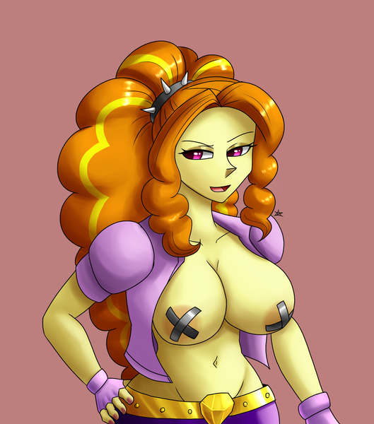 Size: 1500x1700 | Tagged: questionable, artist:zachc, derpibooru import, adagio dazzle, equestria girls, areola, belly button, big breasts, breasts, busty adagio dazzle, clothes, female, fingerless gloves, gloves, hand on hip, image, nipple tape, open clothes, pasties, png, solo, solo female